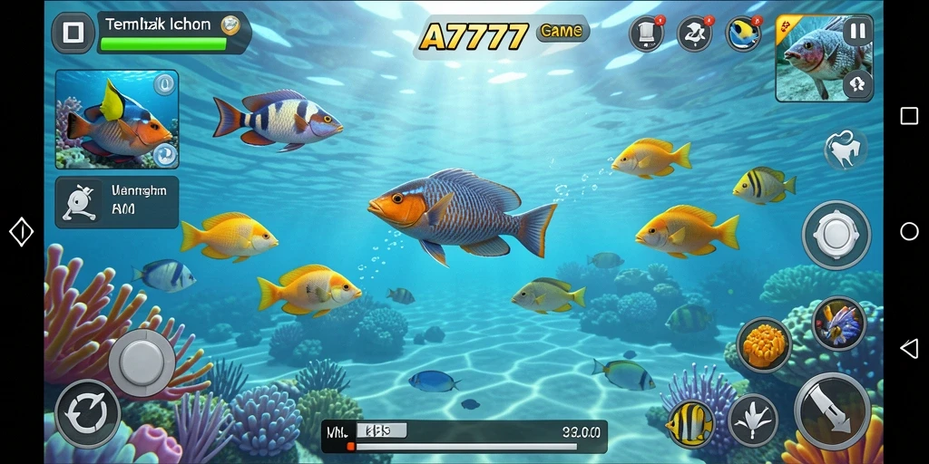 Screenshot utama A7777 menampilkan aksi menembak ikan yang seru.