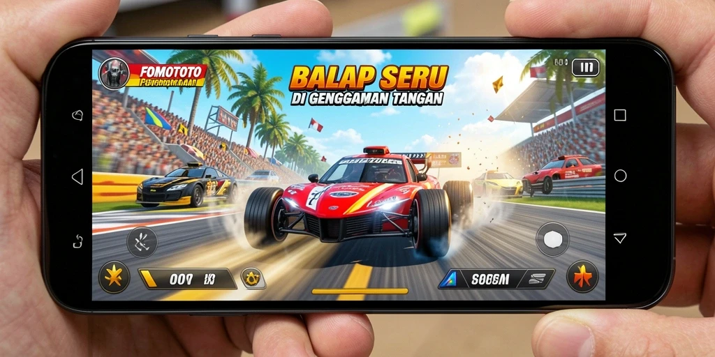 Screenshot gameplay FOMOTOTO menampilkan aksi balap yang mendebarkan.