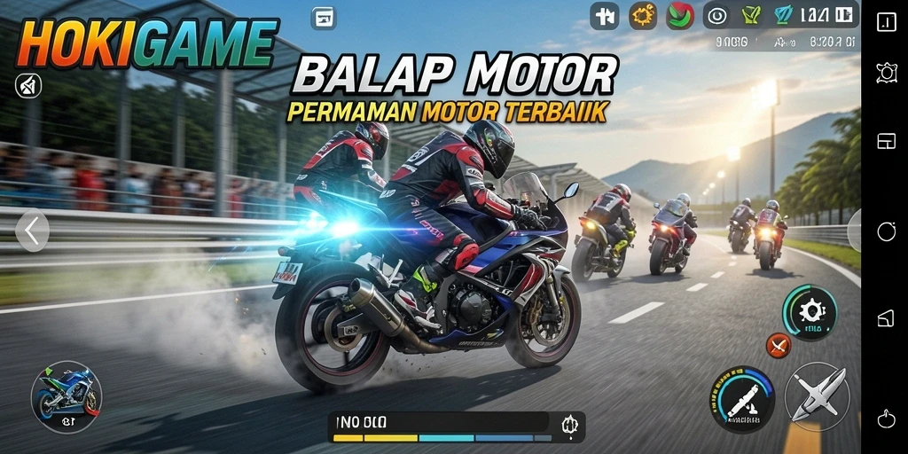 Screenshot gameplay HOKIGAME menampilkan balapan motor yang mendebarkan.