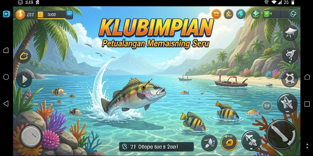 Tampilan gameplay yang seru di KLUBIMPIAN dengan aktivitas memancing.