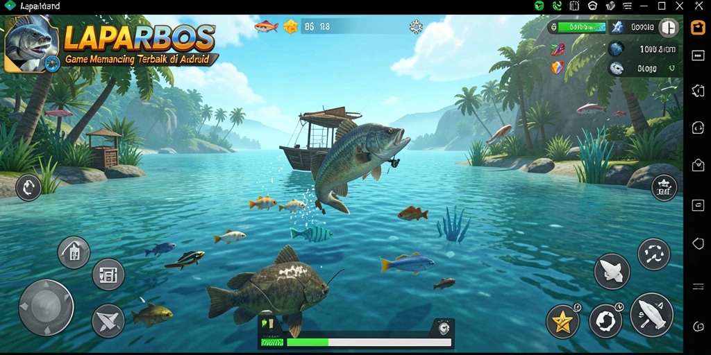 Tampilan gameplay LAPARBOS menunjukkan pengalaman memancing yang seru.